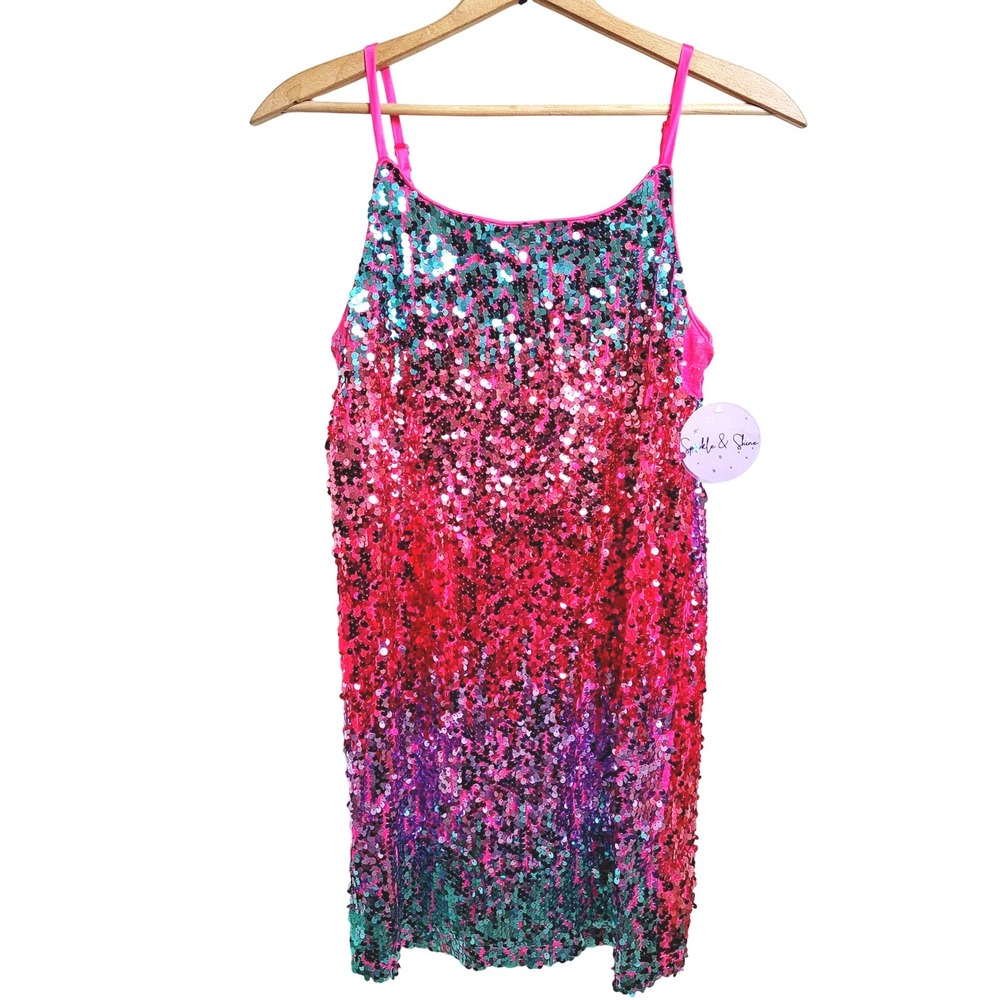 Sparkle Shine Kids Girls 14 Turquoise Pink Purple Sequin Ombre Party‎ Dress NWT